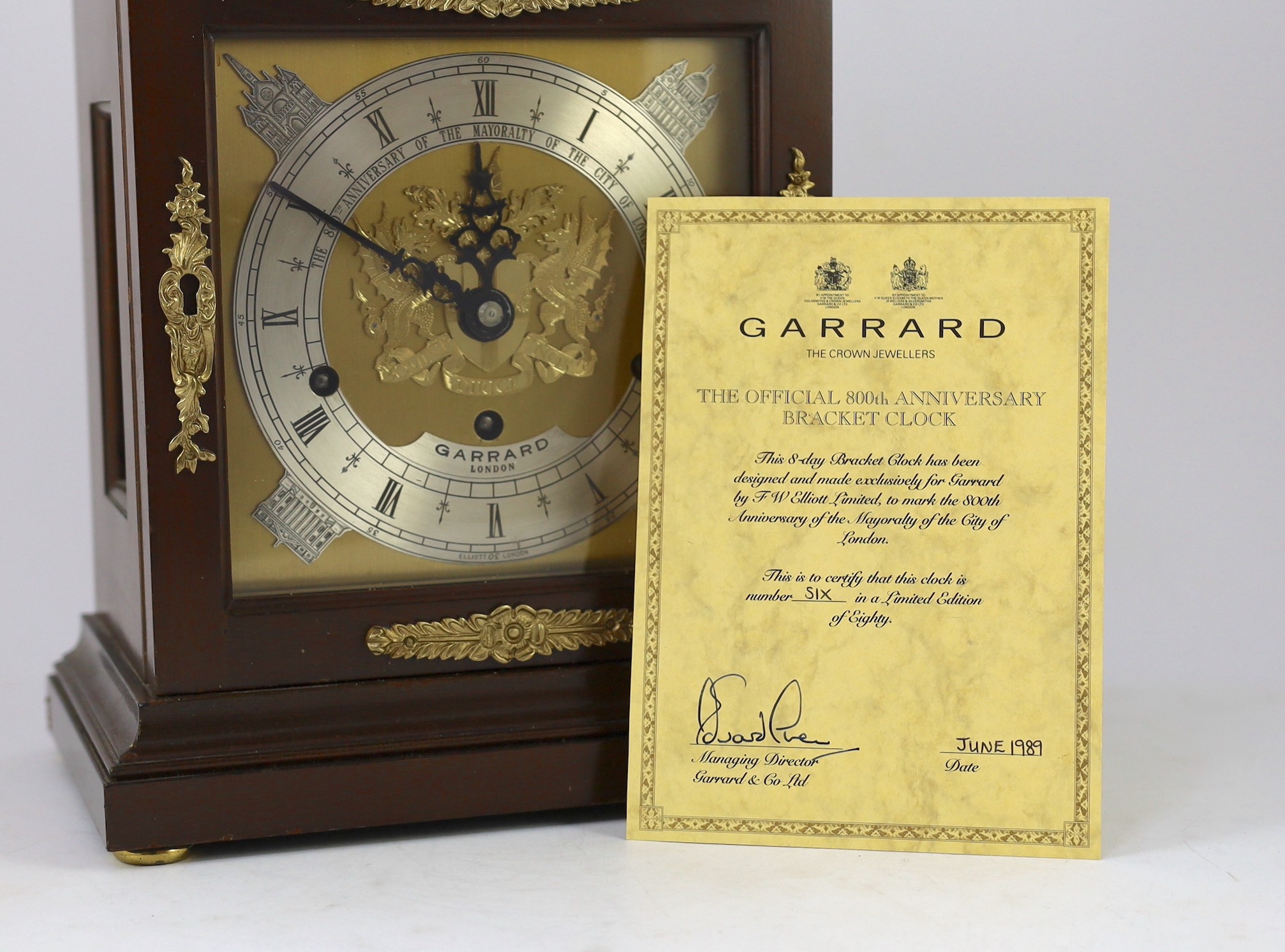 An Elliott for Garrards bracket clock, ’The 800th anniversary of the Mayoralty of the City of London’’ Height 37cms.